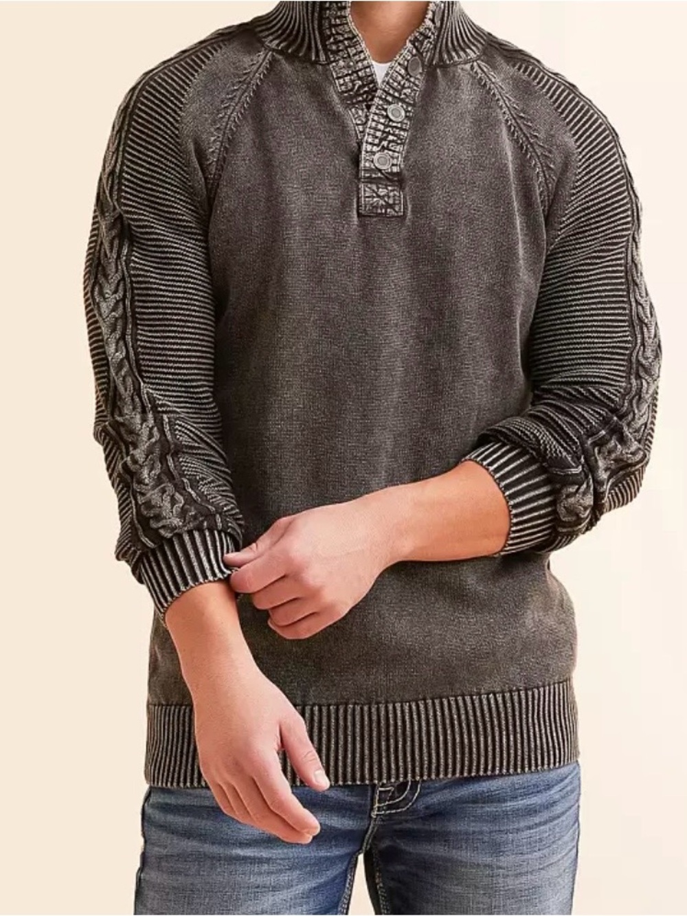 BKE Men's Gray Henley Mockneck Sweater 100% Cotton Y2K Acid Wash XL